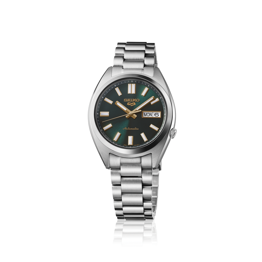 Seiko automatic watch with a green dial and stainless steel bracelet