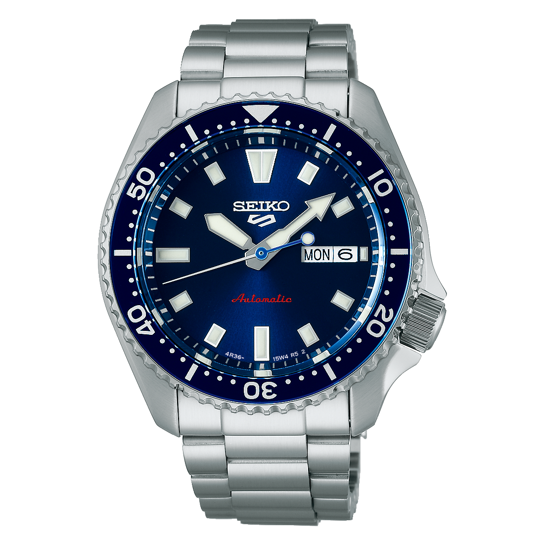 Seiko automatic watch with a blue dial and stainless steel bracelet