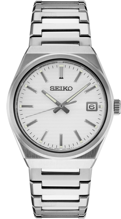 Seiko watch with a white face and stainless steel bracelet