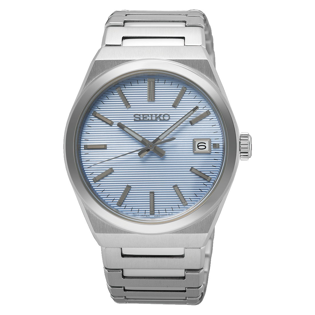 Seiko watch with a light blue dial and stainless steel bracelet