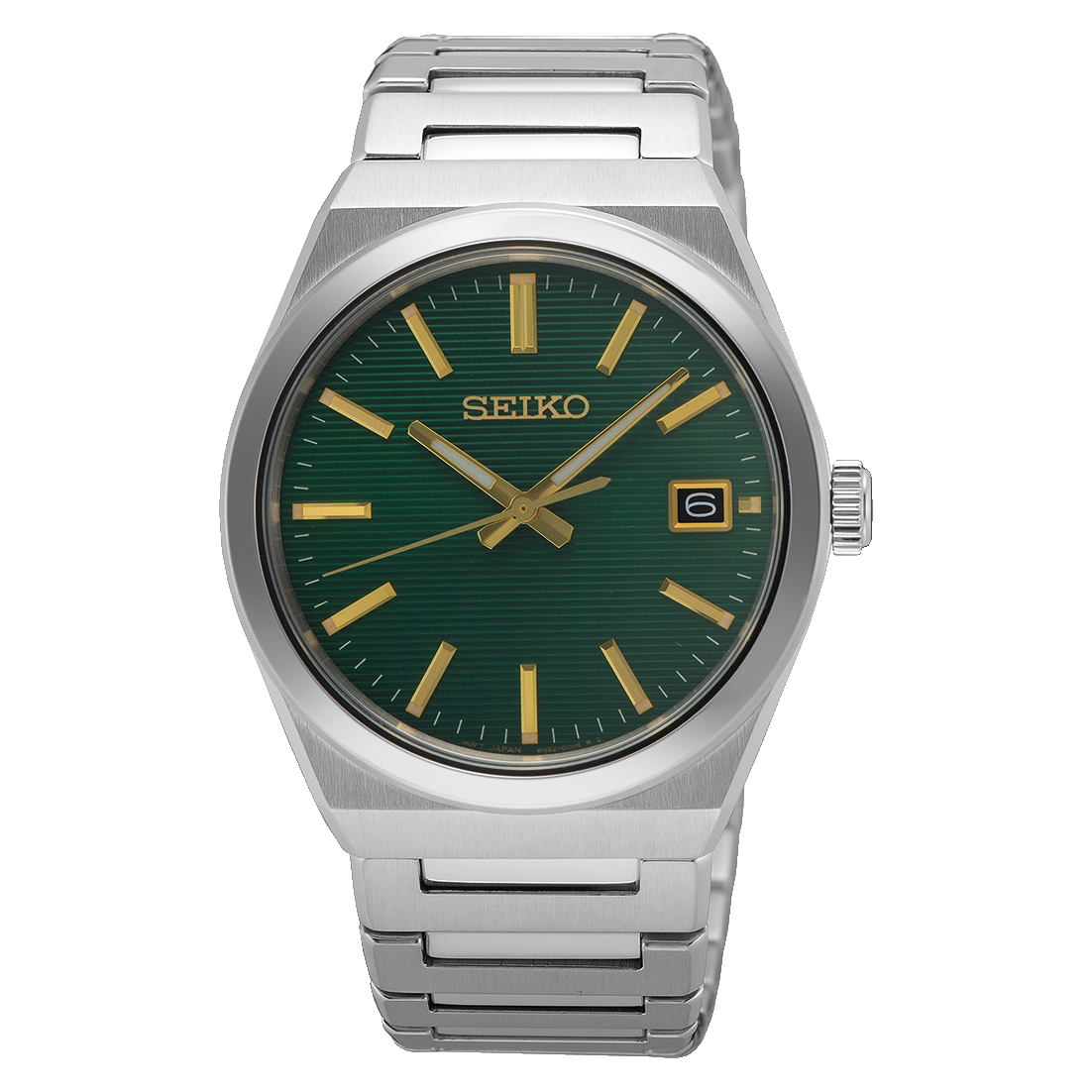 Seiko watch with a green dial and a stainless steel bracelet