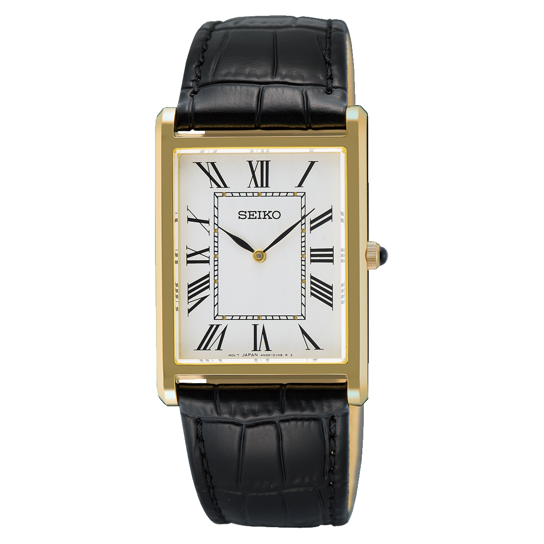 Seiko watch with black leather strap and gold case