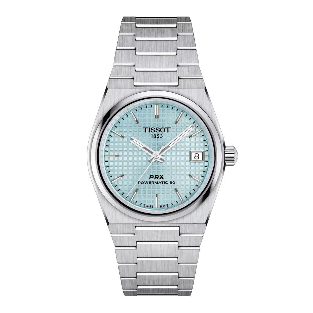 Tissot Unisex PRX watch with an ice blue dial and a stainless steel bracelet