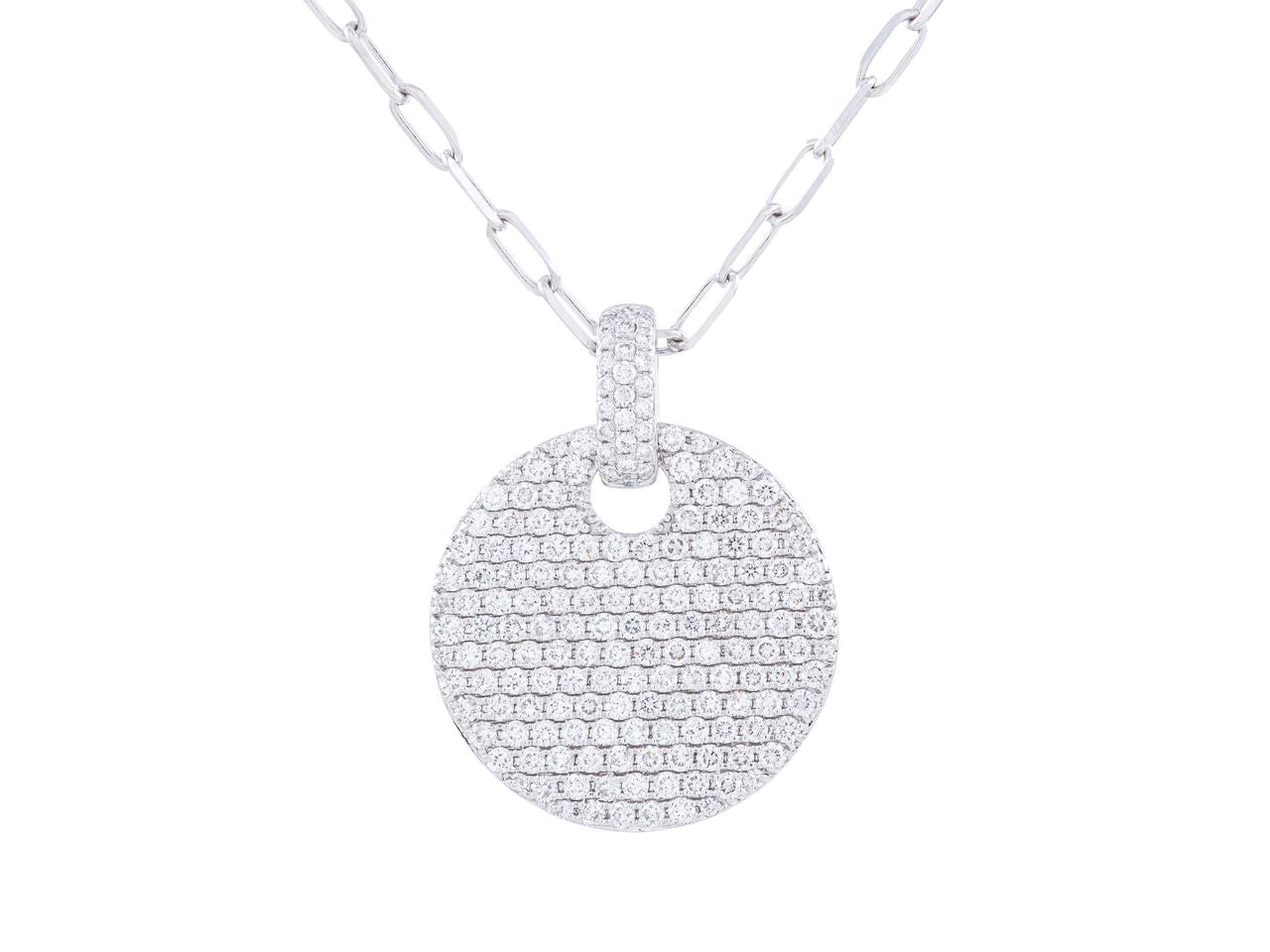 Pave Diamond Disc Pendant Paper Clip Necklace