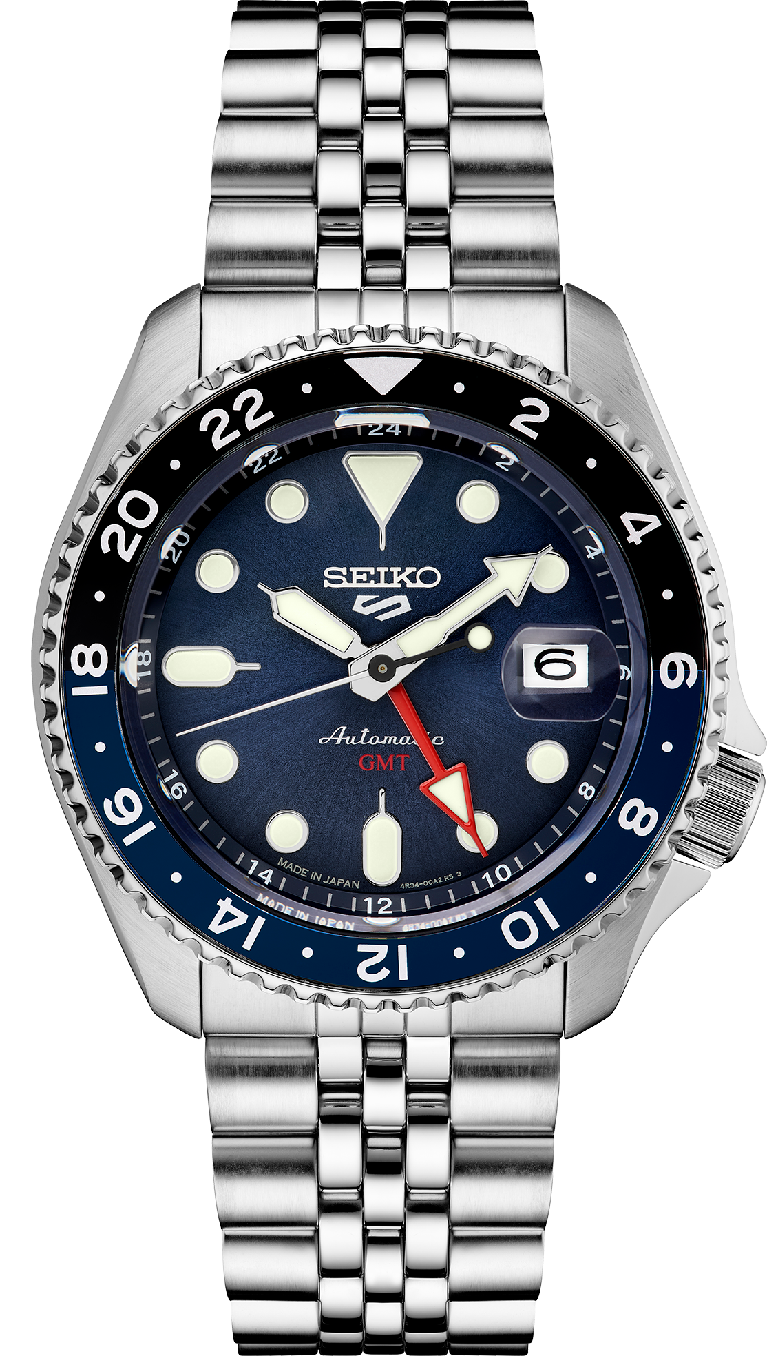 Seiko 5 Sports watch with a blue dial and a stainless steel bracelet